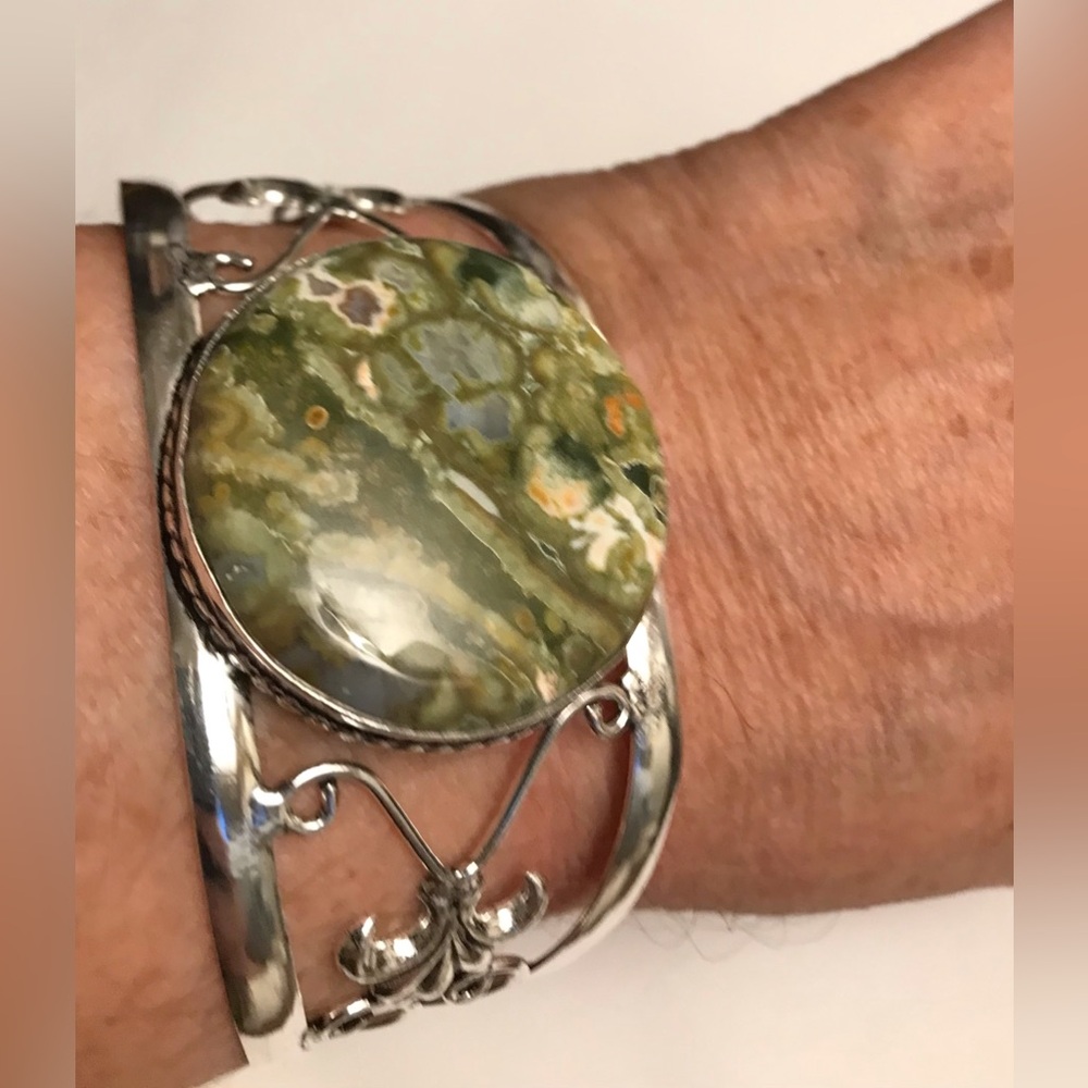 Rainforest Jasper Stamped Solid 925 Sterling Silver Cuff Bracelet